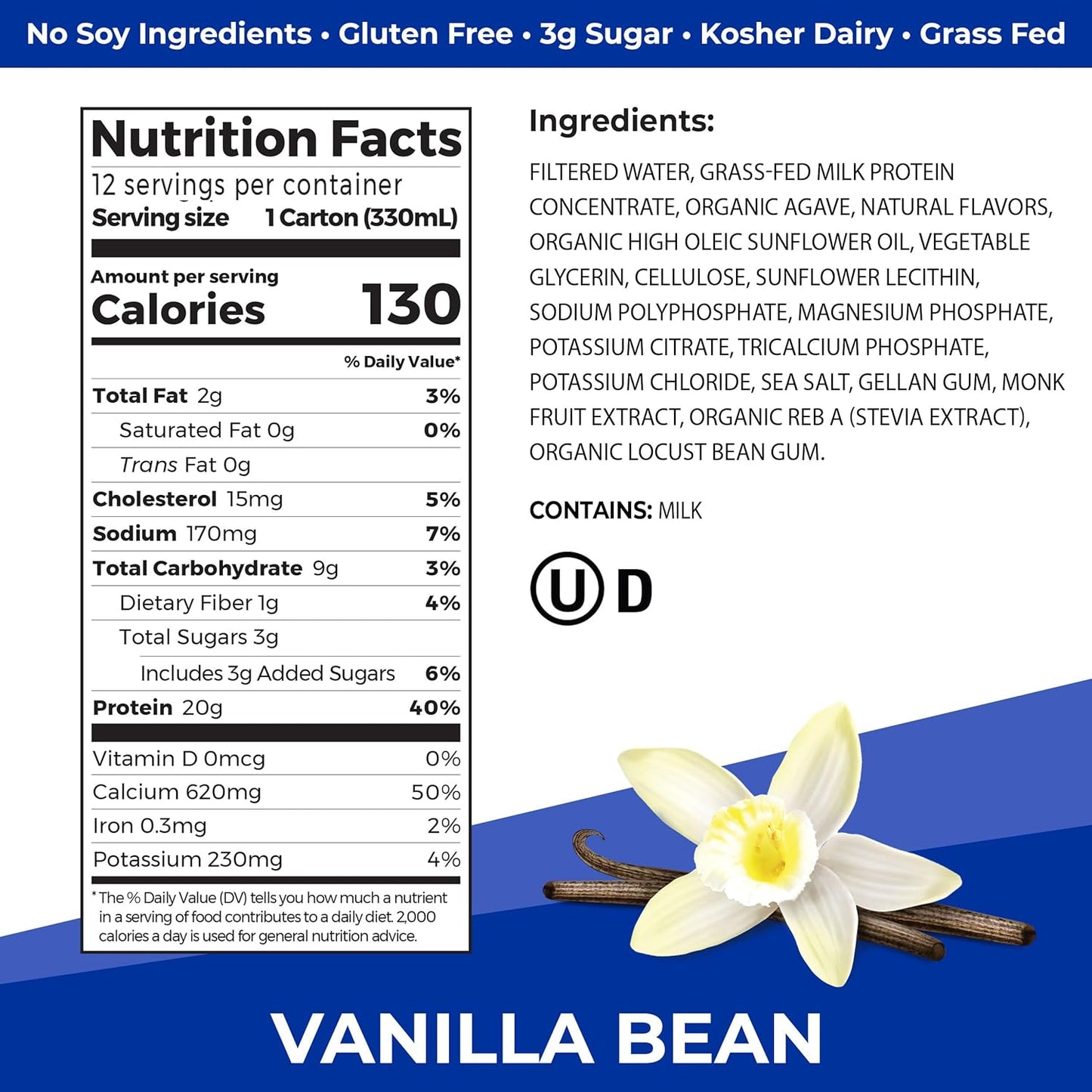 Grass Fed Clean Protein Shake, Vanilla Bean - 20G of Protein, Meal Replacement, Ready to Drink, Gluten Free, Soy Free, Kosher, 11 Oz, 12 Count (Packaging May Vary)