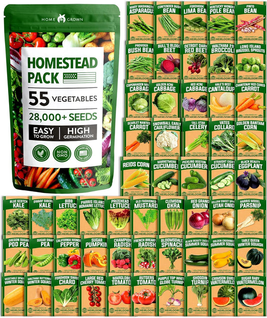 27,500+ Heirloom Vegetable Seeds | Non GMO Garden Seed 55 Variety Pack | Gardening Seeds for Planting Vegetables and Fruits, & Lettuce | Prepper Supplies | Survival Gear | Spring, Summer, Fall